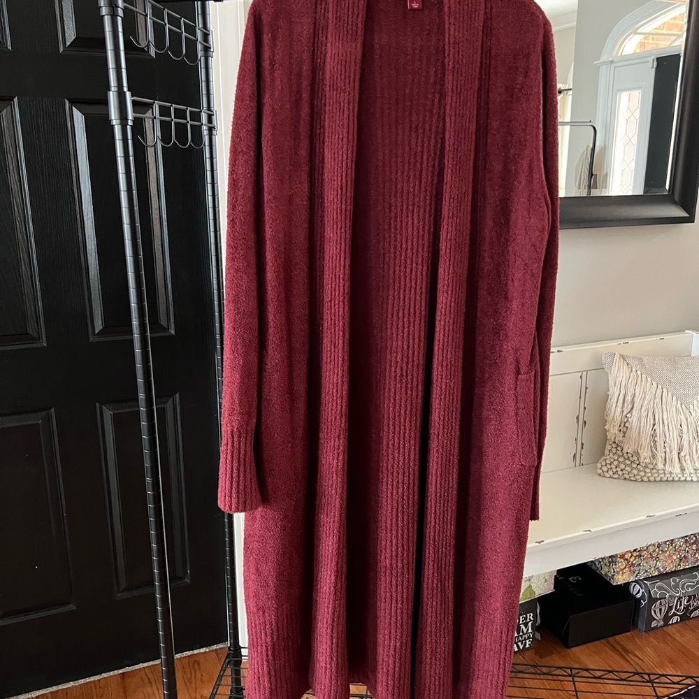 Barefoot Dreams Cozy Chic Lite Open Front Maxi Cardigan size L Burgundy